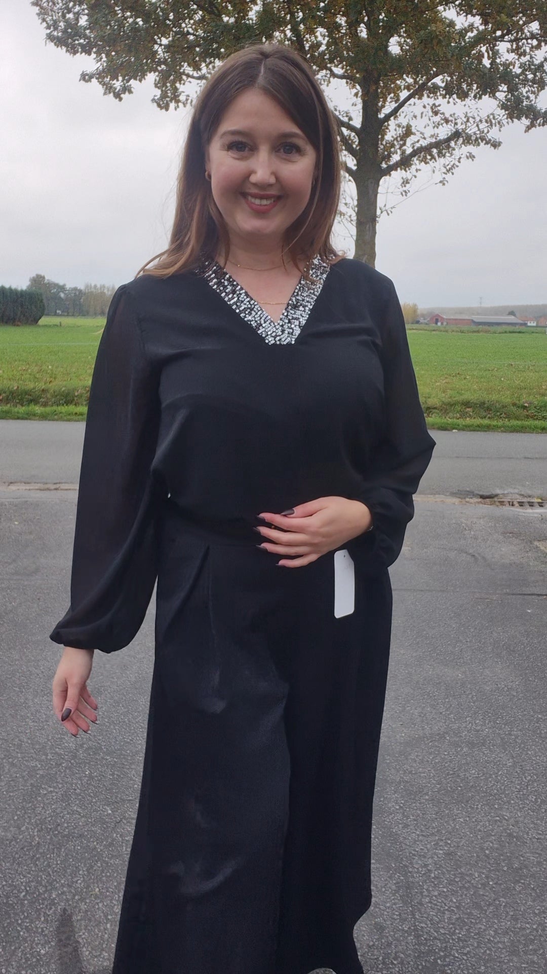 Feestelijke Blouse met V-hals en Zachte Pailletten - Zwart