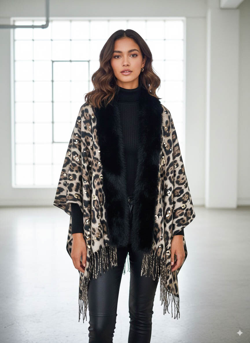 Luxe pashmina met leopard motief, bont randje & gouden details – taupe