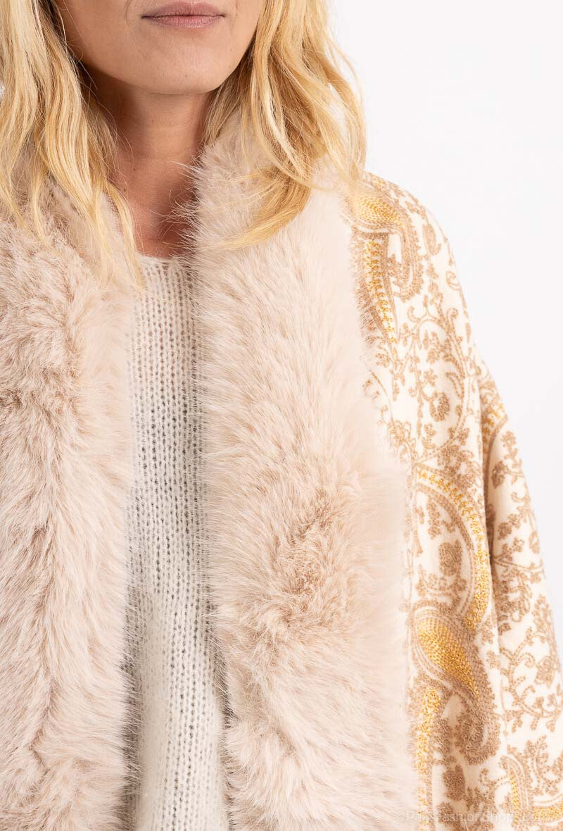 Luxe Pashmina met Wolblend en Bontdetail – Beige Paisley