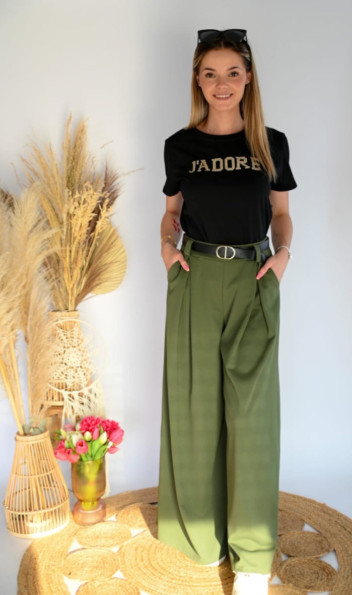 Wijde damesbroek met riem – superflaterend & comfy - Kaki