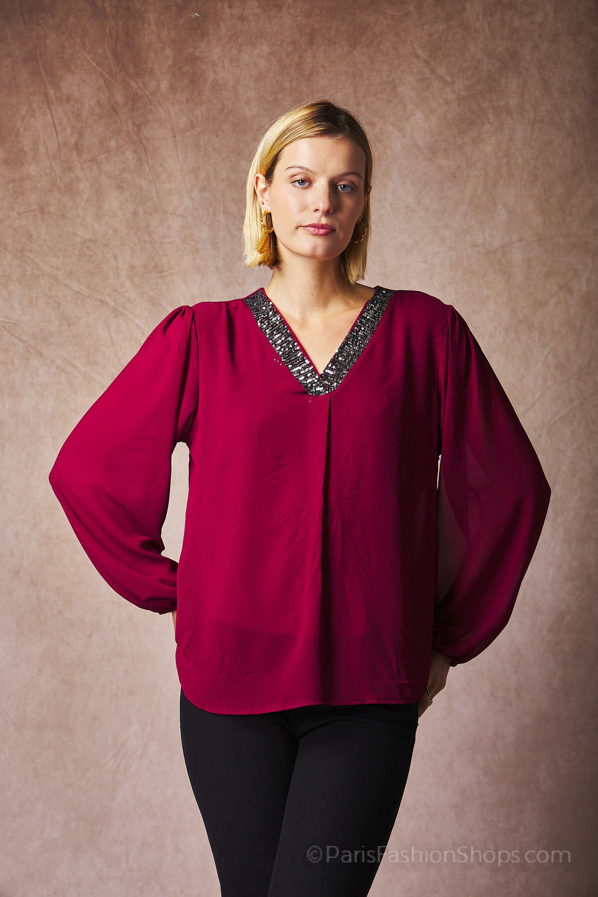 Feestelijke Blouse met V-hals en Zachte Pailletten - Rood