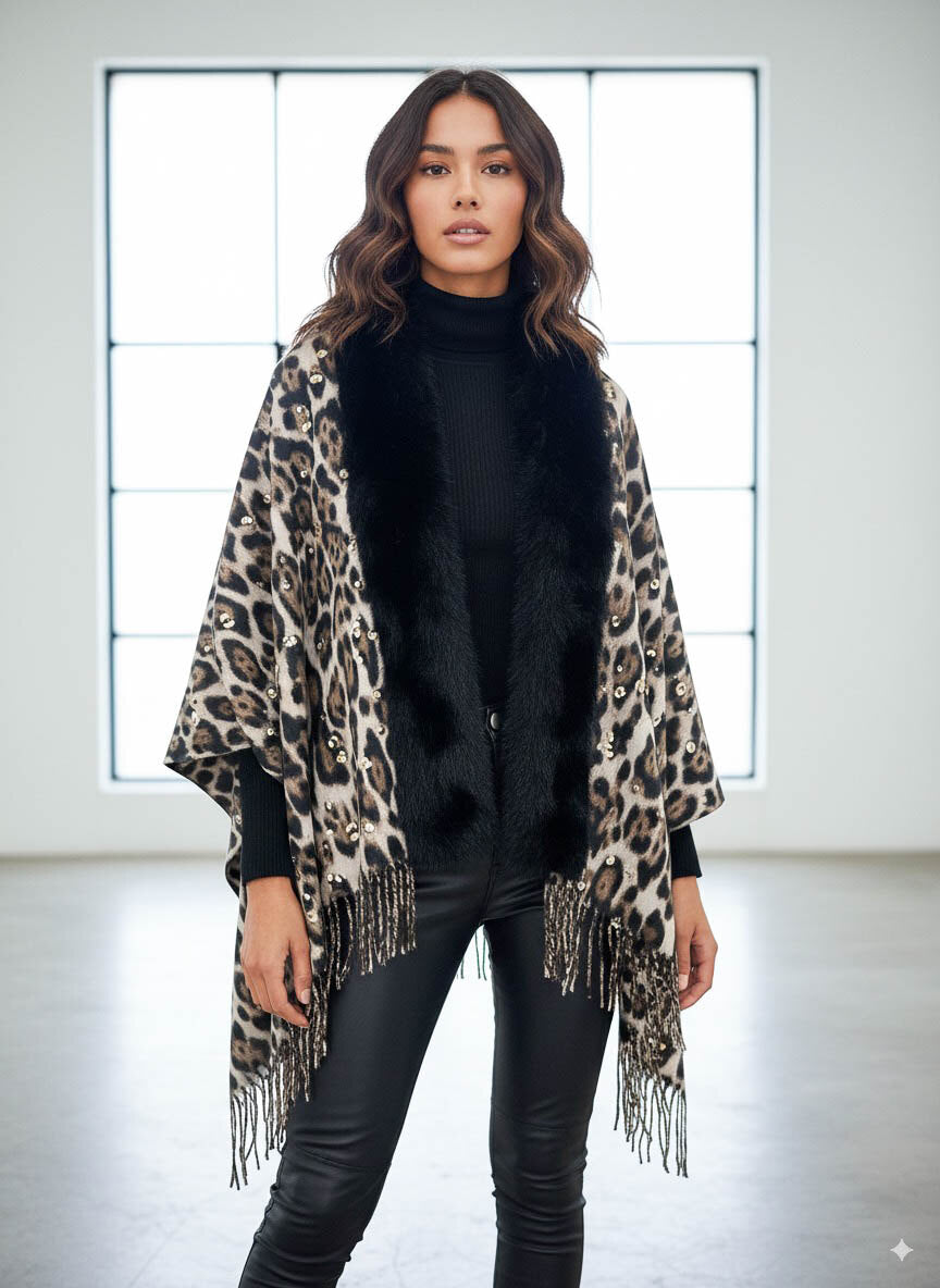 Luxe pashmina met leopard motief & gouden details – taupe