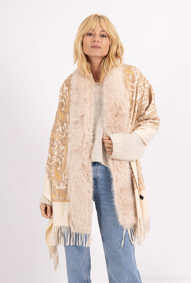 Luxe Pashmina met Wolblend en Bontdetail – Beige Paisley